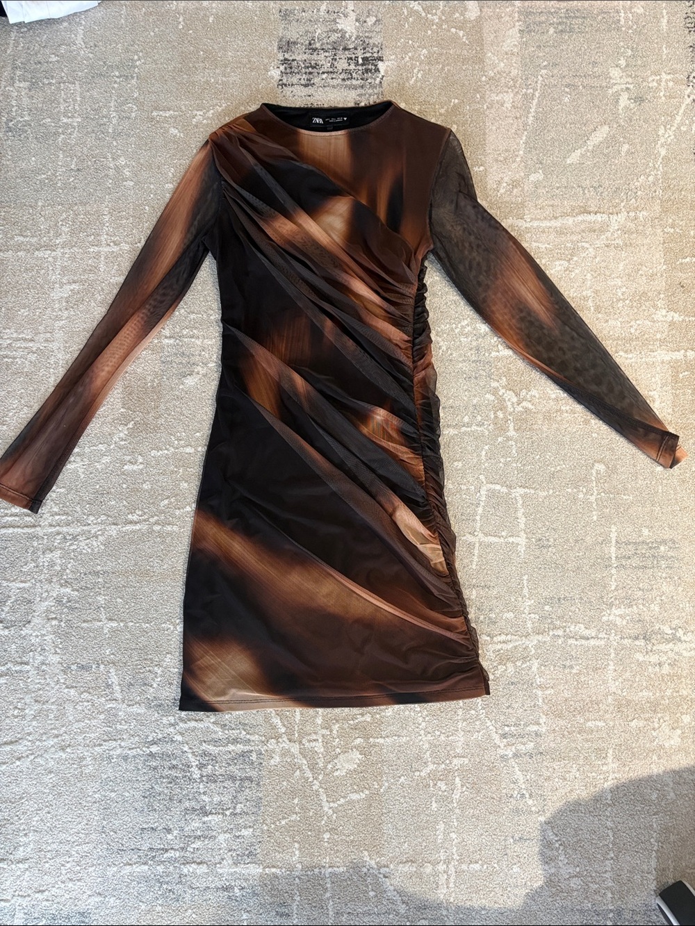 Zara Brown & Black Sheer Ruched Long Sleeve Bodycon Dress